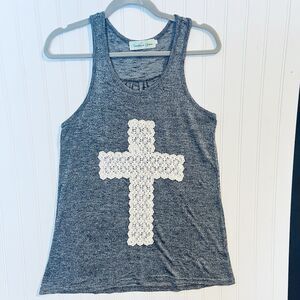 Southern Grace Heather Gray Tank Top White Crochet Cross Appliqué Front Medium